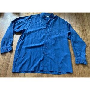 VTG EUC Genelli 100% Silk Shirt Mens XL Blue Band Collar Button Long Sleeve 90s
